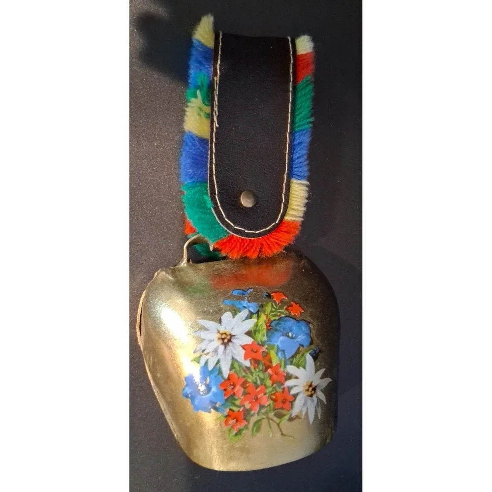 Mid Century Swiss Cow‎ Bell with Floral Design w/ Fringe on a Leather Strap